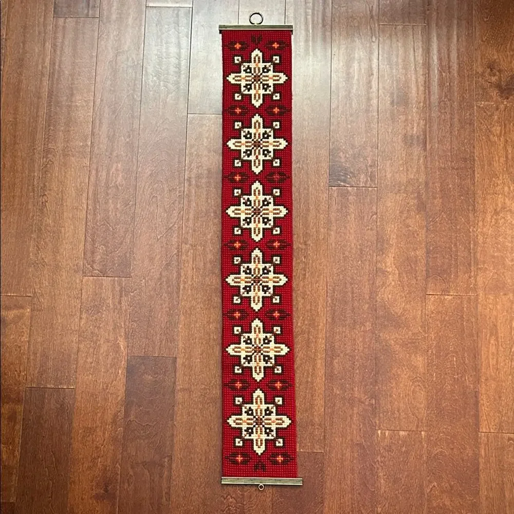 Vintage Bell Pull Red and Cream Needlepoint Wall Hanging, Scandinavian Style